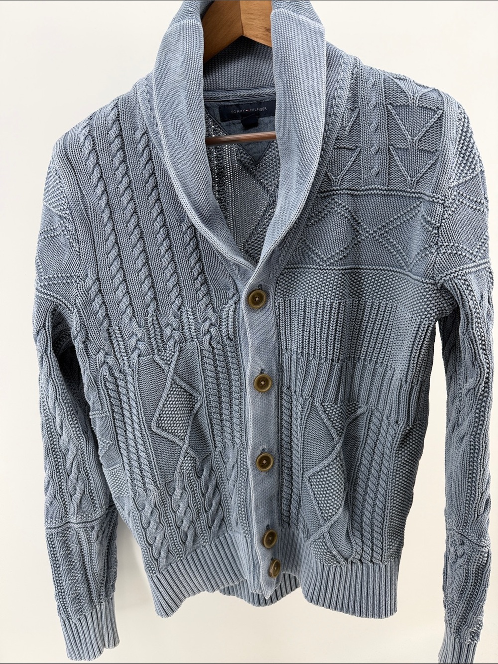 Tommy Hilfiger Light Blue Shawl Collar Cable Knit Cardigan